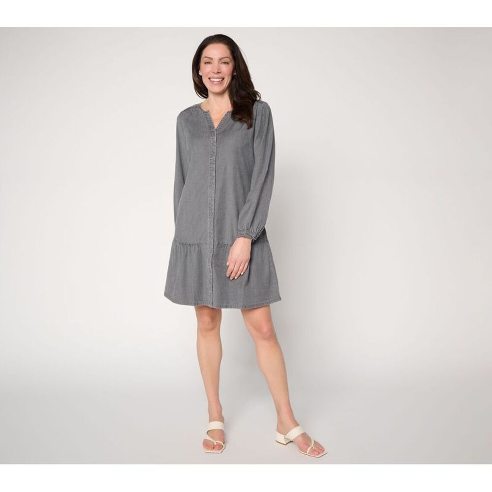 Susan Graver Women's Dress Sz L Make Your Selection: Chambray Button Gray
